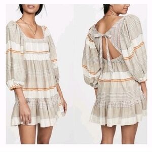Free People Mini Dress Sz S Cozy Striped Peasant Strappy Open Back Ivory Combo